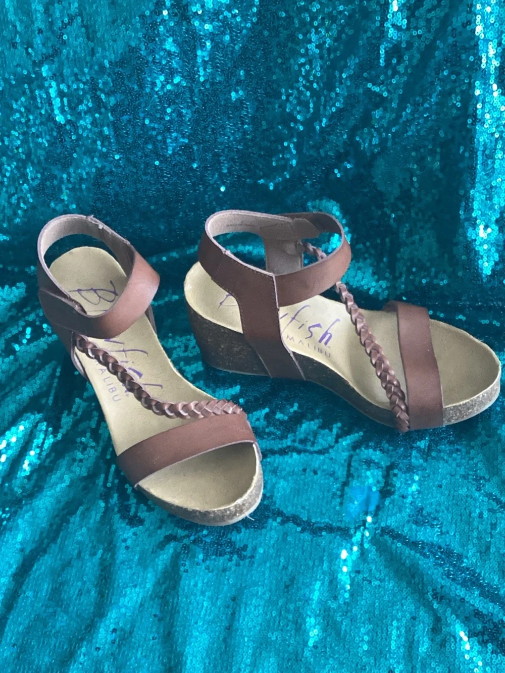 Blowfish Malibu Costal Brown Braided Ankle Strap Wedge Sandals Size 8- 4” heel